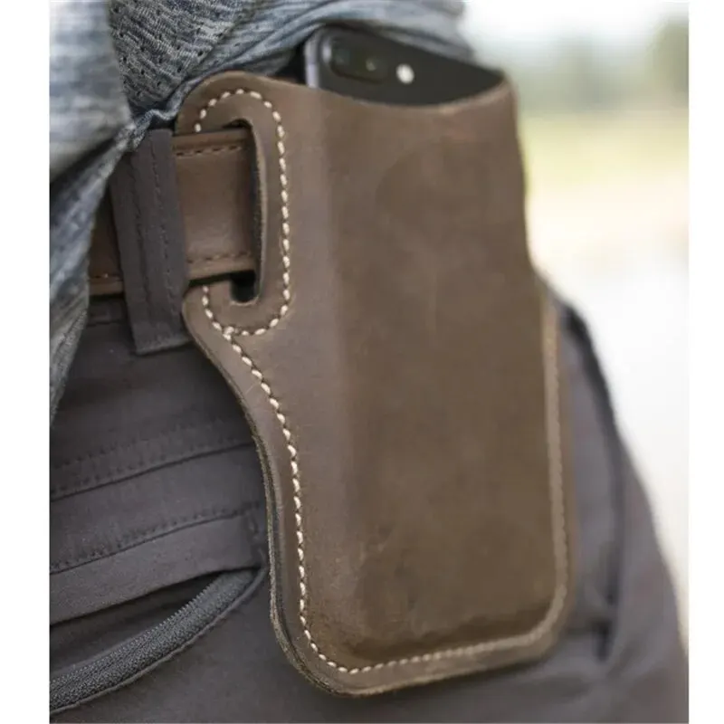 1PCS Retro Crazy Horse Leather Phone Waist Bag Wearing Belt Men\'s Hanging Waist Bag Outdoor Sports Work Phone Bag