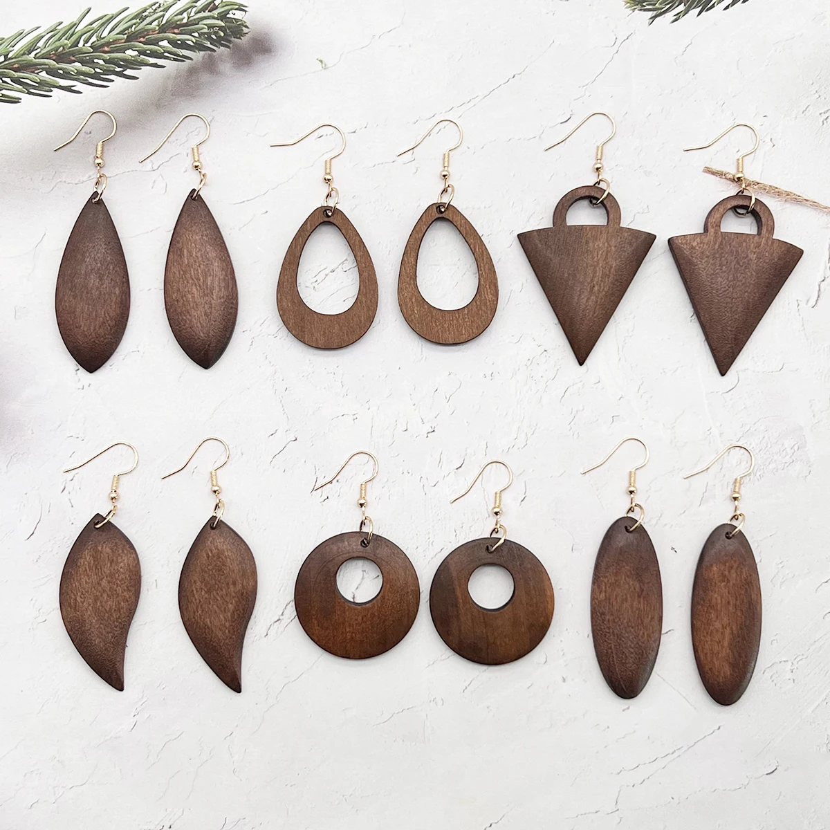 6 pairs/sets of simple vintage coffee-colored geometric wooden earrings and earrings, popular and versatile fashion accessories