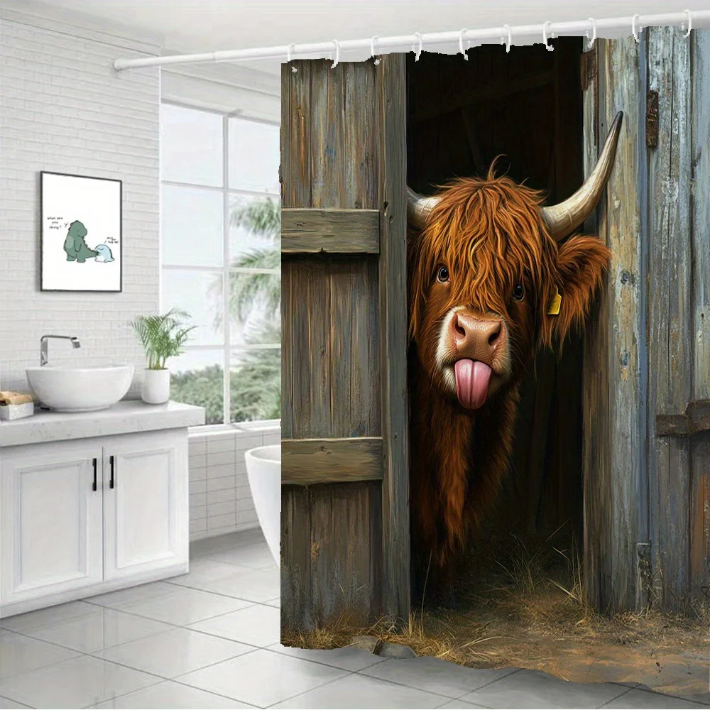 1pc Realistic Highland Cow Bath Curtain - Shaggy Reddish Brown Cow with Wooden Background & Straw Ground, Cozy Pastoral Style, M