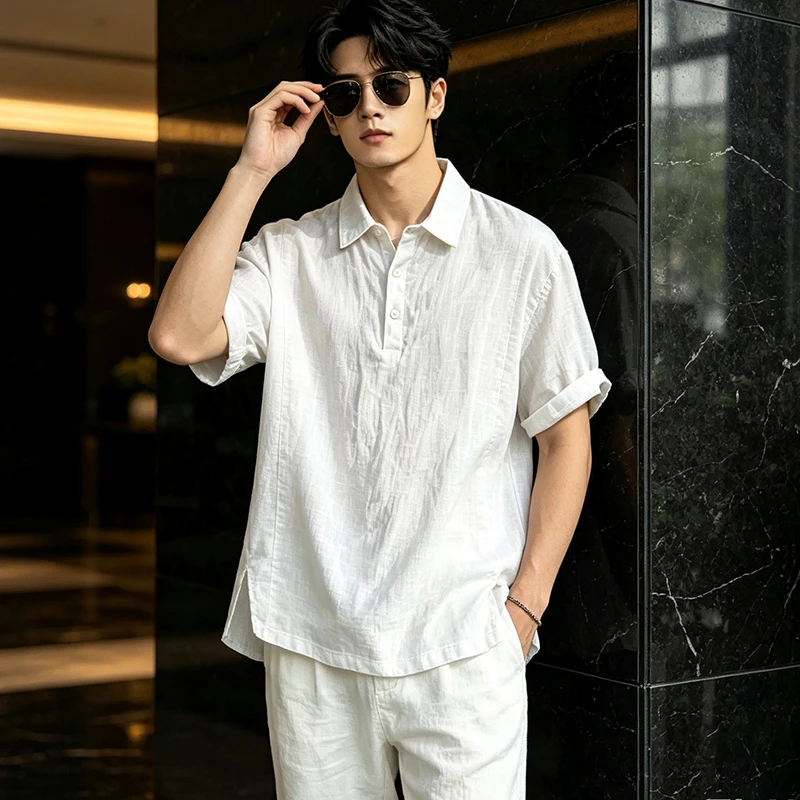 2026 Summer Men's Linen-Like Loose and Breathable Collar Short-Sleeved Shirt Shirt for Men and Women Trendy Polo Shirt with Slit