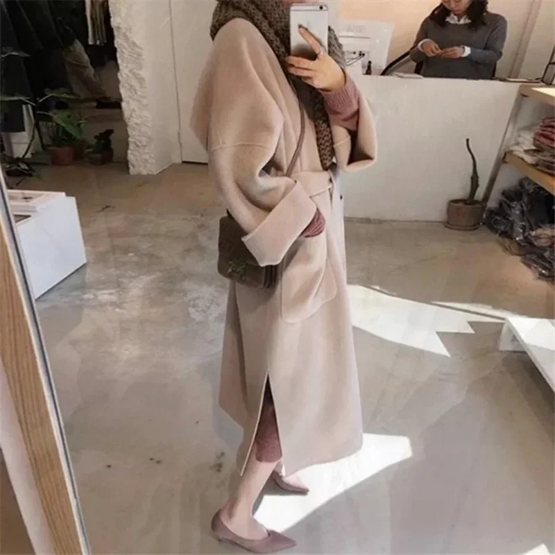 

Autumn Winter Warm Blends Coats Women Double Sided Thickened Tweed Coat Solid Colors Sashes Knee-Length Outwears Chic Streetwear