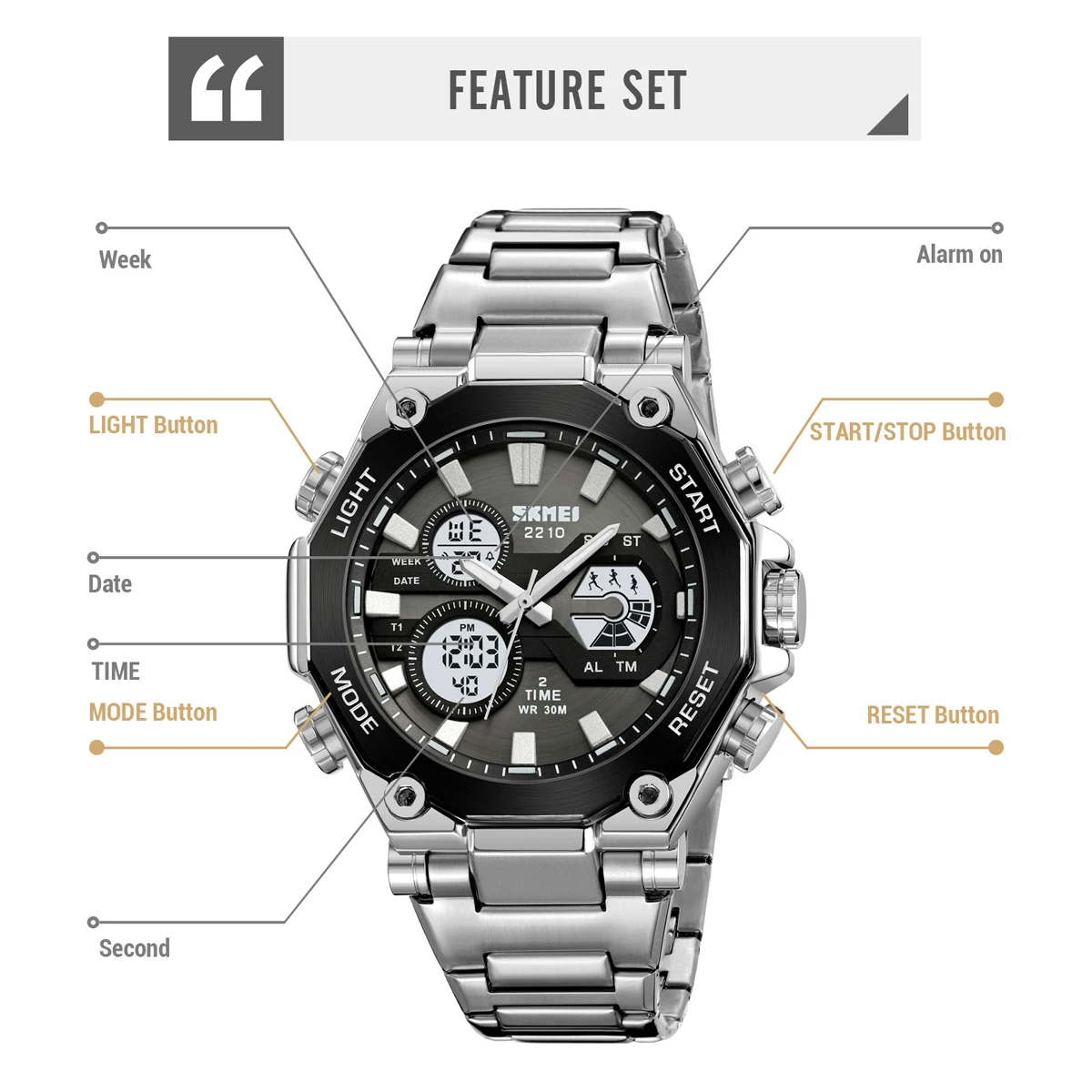 SKMEI Stainless Steel Sport Fashion Watch Mens 2 Time Chrono Casual 3Bar Waterproof Digital Wristwatches Male Alarm Reloj Hombre