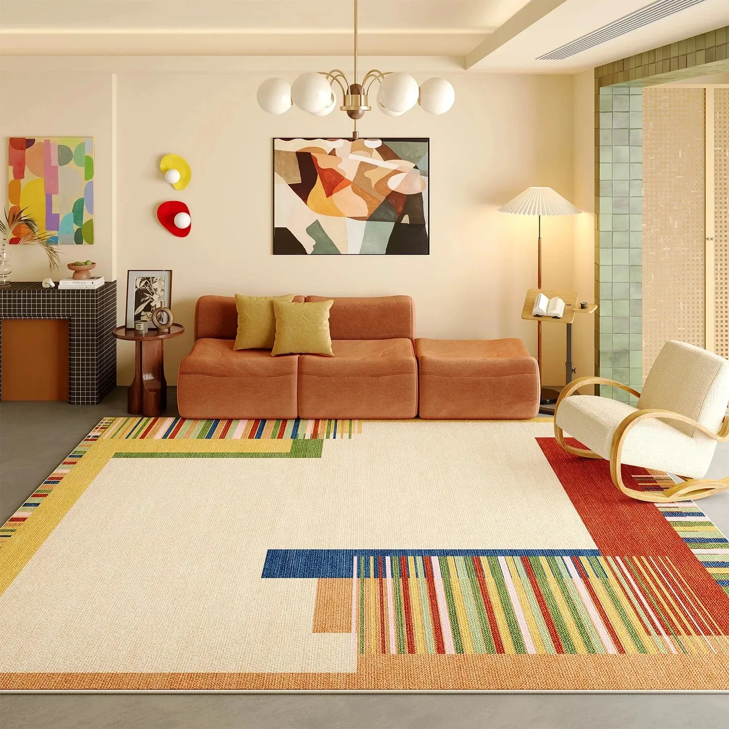 Multicolor Block Stripe Rug Soft Floor Mat Retro Color Splicing Geometric Pattern Living Room Modern Theme Home Decor Carpet