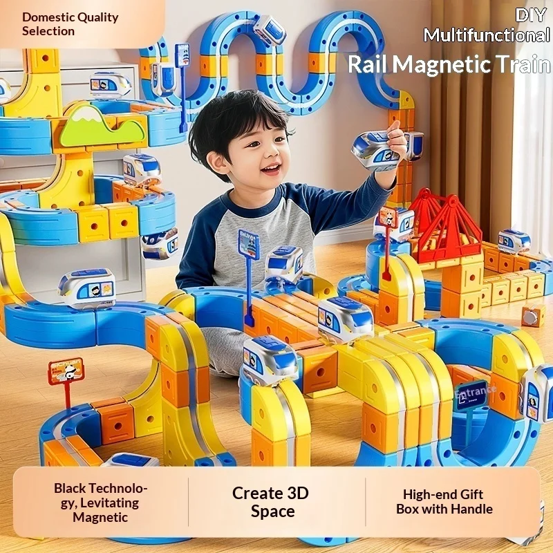 Electric Magnetic Track Train for Kids - STEM Montessori Toy DIY Magnetic Construction Tracks, Brain Development Learning Set