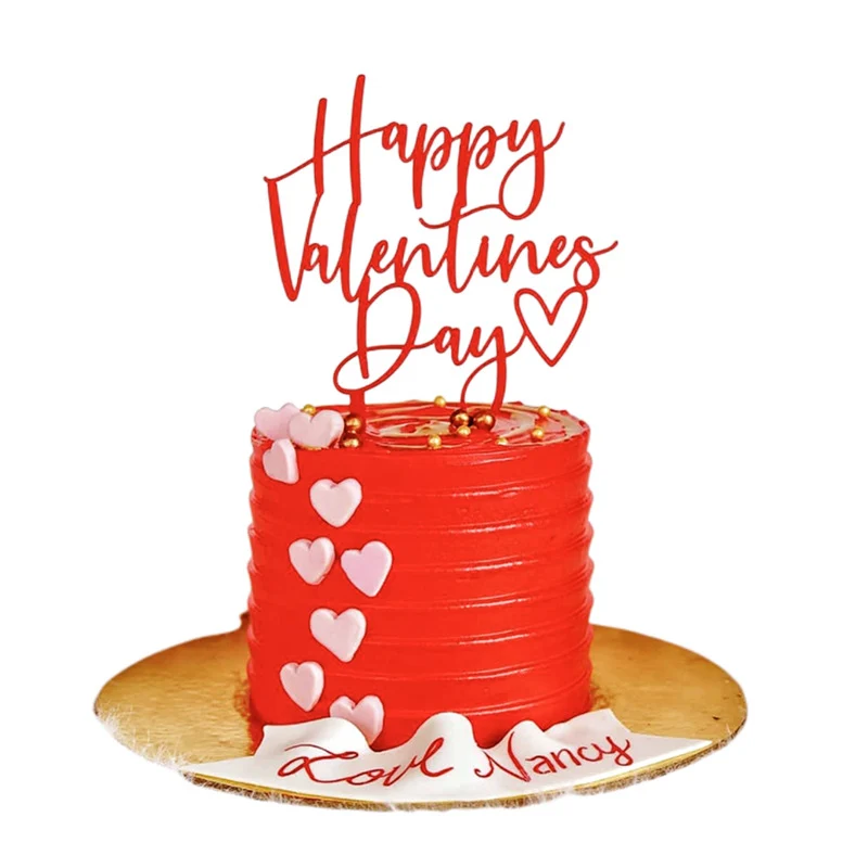 New Acrylic Happy Birthday Cake Topper Red Gold Heart Valentine\'s Day Party Cupcake Toppers for Wedding Party Dessert Decoration