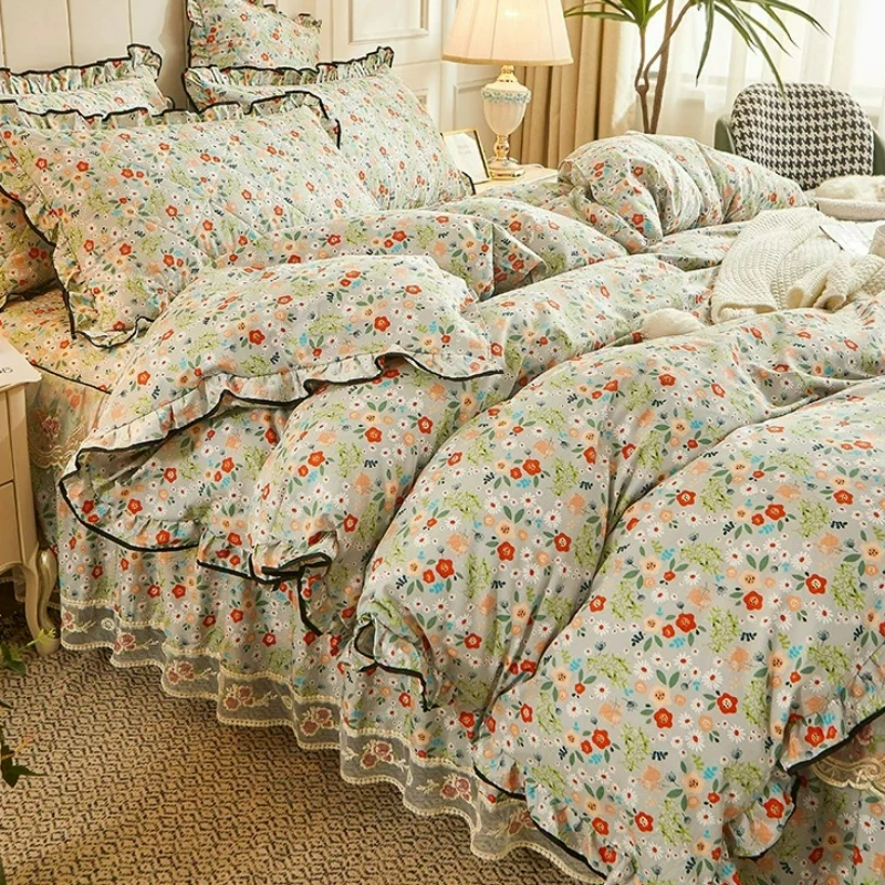 Bedroom Pure Cotton Bed Four Piece Set Full Cotton Bed Sheets Duvet Covers Bed Skirts All Season Universal Bedding Ins Style