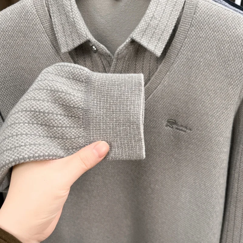 Brand Luxury Men's Plush Wool-Lined Knitted Sweater Patchwork Striped Lapels One-piece Fleece Thickened Menswear Warm Pullovers