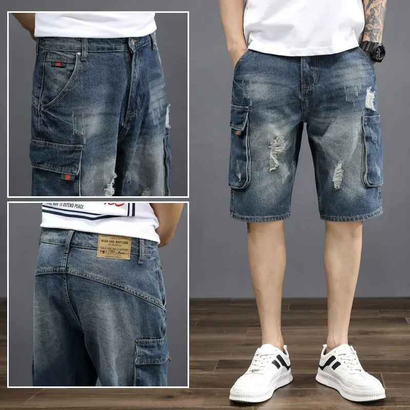 

Summer Thin Faion Loose Straight Leg Five-Quarter Casual Workwear Jeans orts for Men Breathable Comfortable Cotton Stretc...