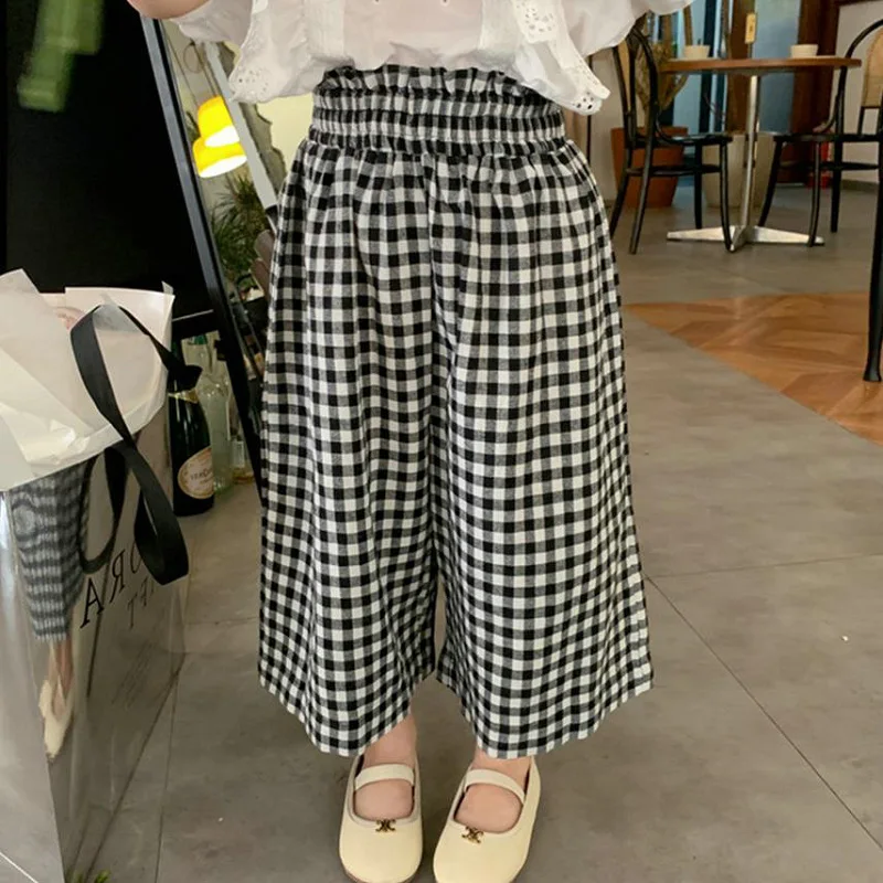 Girls Set with Lace Bubble Sleeves T Shirt and Checkered High Waisted Pants 26 Summer New Childrens Clothing