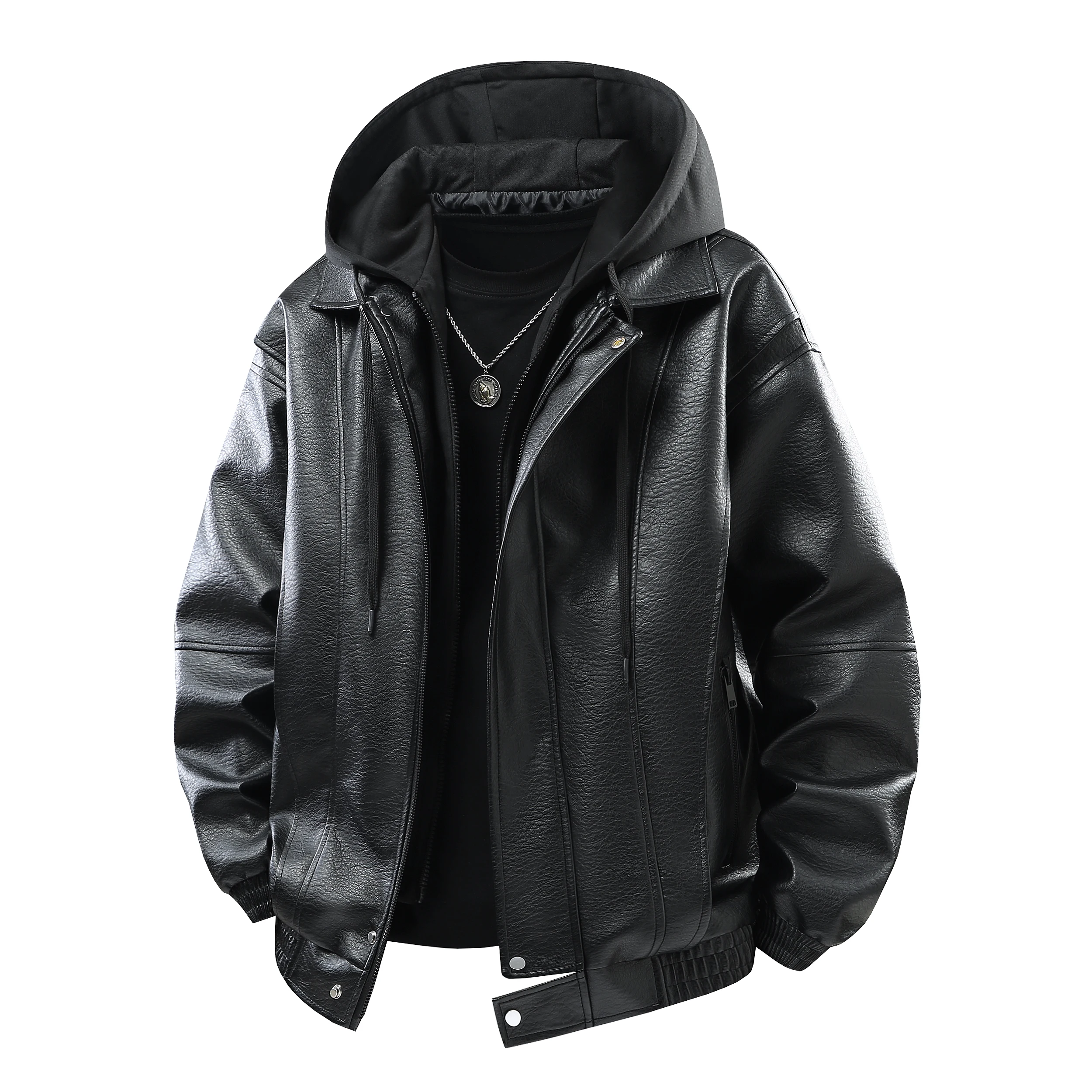 

Осенняя мужская куртка из искусственной кожи, повседневное пальто с капюшоном, уличное ветрозащитное кожаное пальто, классический однотонный топ с длинными рукавами, мужская одежда