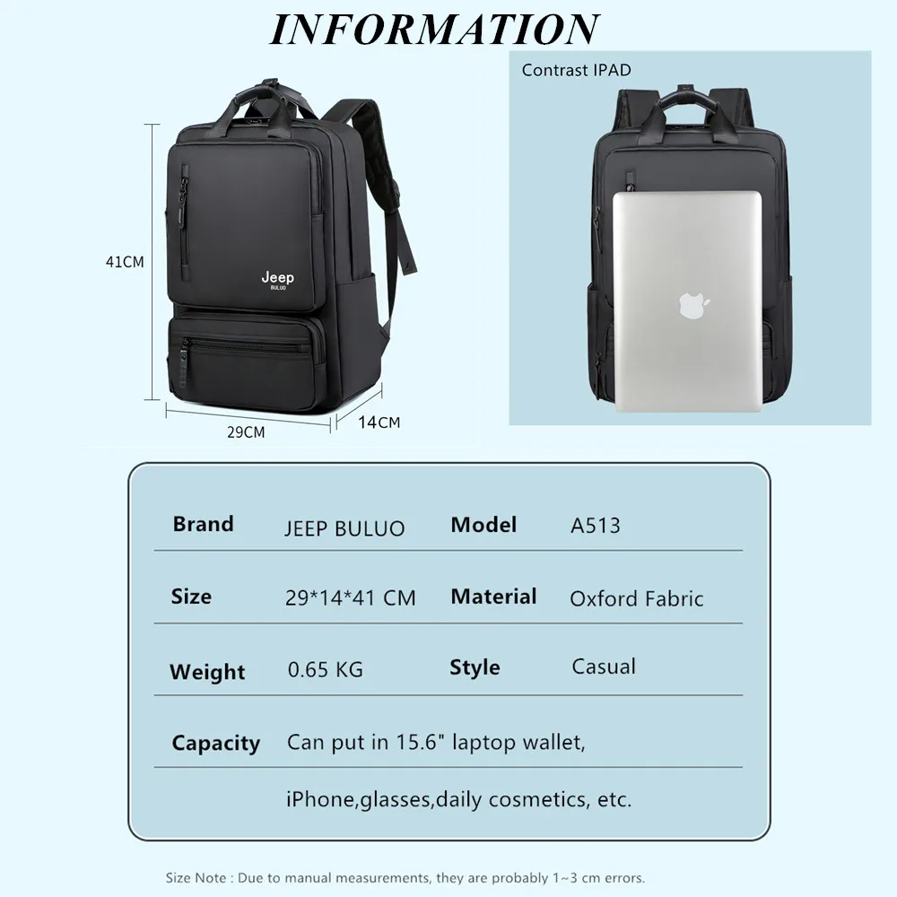 JEEP BULUO 15.6 inches Capacity Backpack Men Laptop Backpacks Solid Big High School Bags Teen College Boy Gril Student Backpack