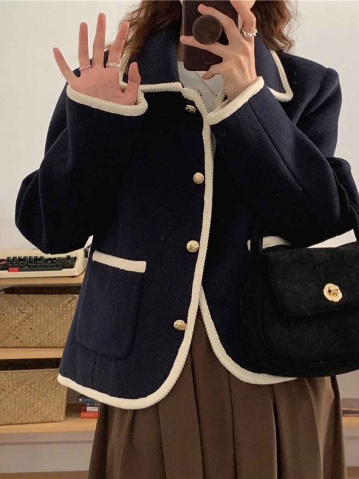 

Корейское шерстяное пальто, женское свободное пальто с воротником-пуделем, теплое пальто на одной пуговице, зимнее модное винтажное пальто