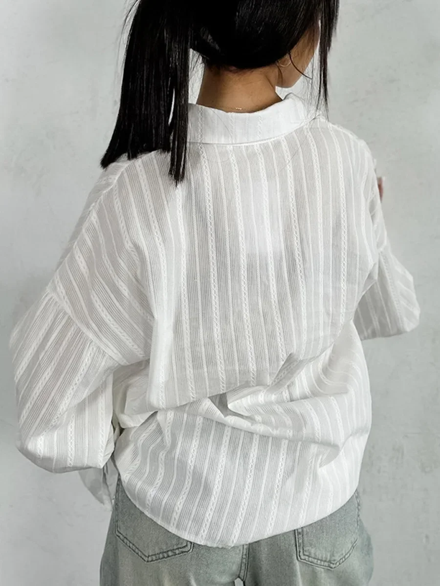 Весна-осень 2026, хлопковая рубашка, женская блузка Dobby, отложной воротник, расклешенные рукава, карьерная белая рубашка на шнуровке, топ