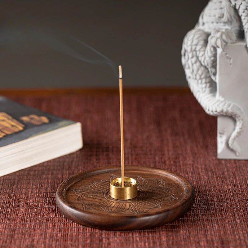 Zenlotus/wood Buddhist Incense Tray with Nine-hole Brass Incense Stick/Incense Holder Home Indoor Office Wooden Incense Burner