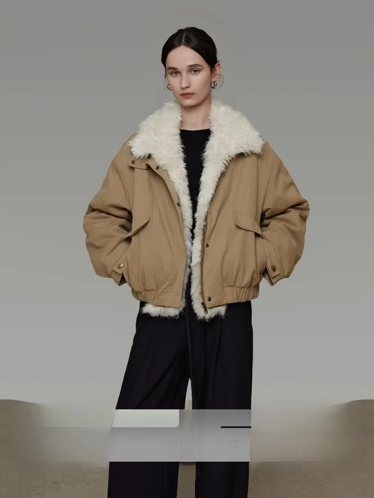 

Retro Workwear Thickened Short Cotton Jacket Women's Winter New Style High-End Feel Plush Splicing Outerwear Simple Loose Fit