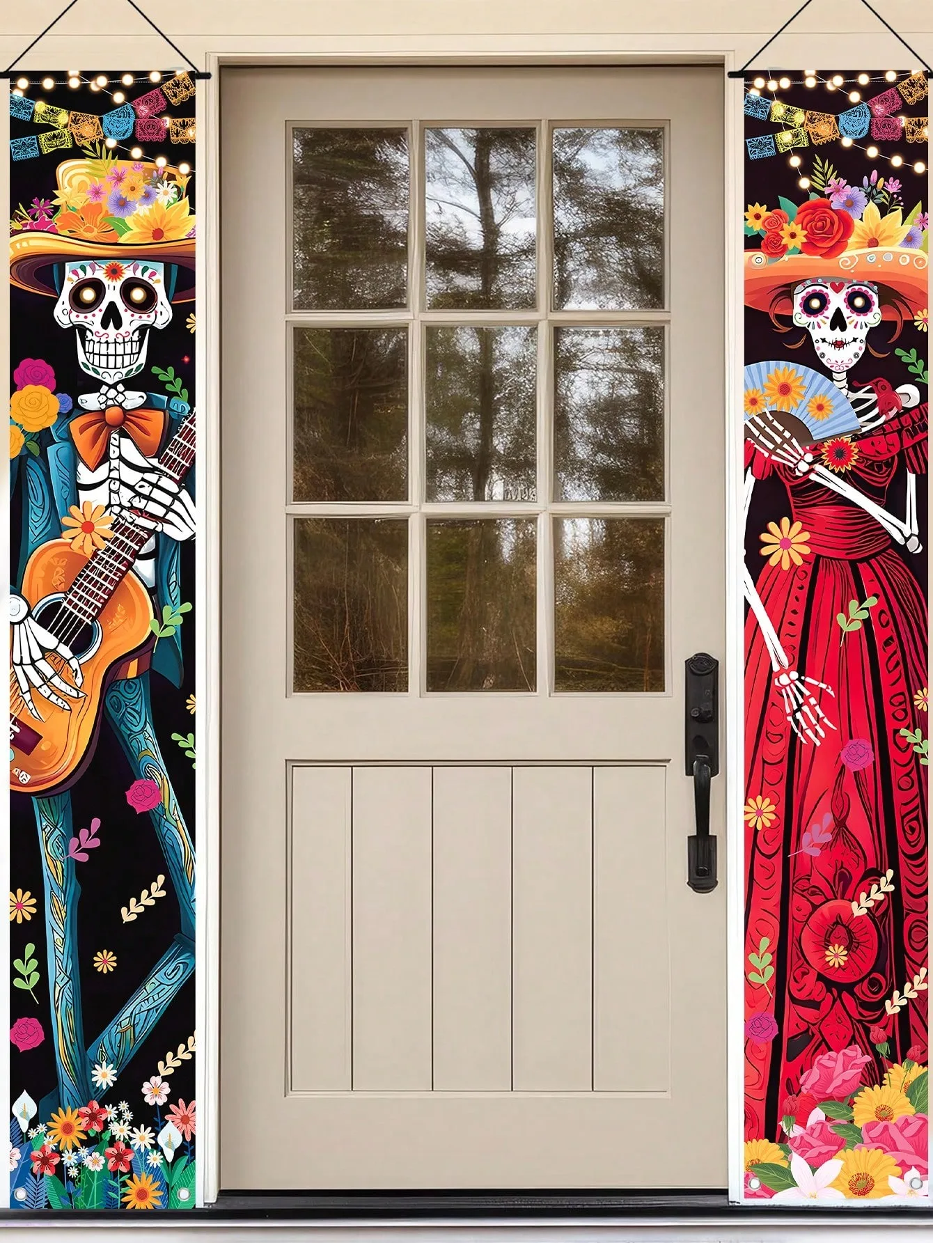 Mexikanisches Fiesta-Todestags-Türbanner-Set mit Zuckerschädel-Paar aus Polyester, Halloween-Veranda-Schild für Innen- und Außenpartys – Detail 3