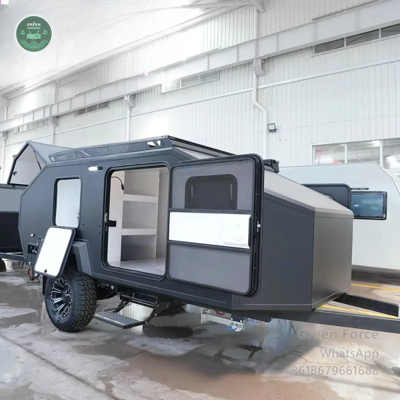 Hybrid Off-Road Fiberglass Campervan with Rooftop Solar Panel, Elevated Sleeping, Rugged Trailers for Camping