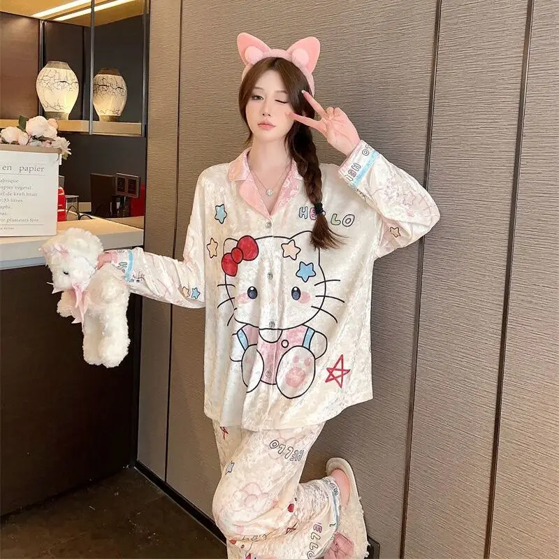 Y2K Woman Pajamas Home Clothes Suit Kawaii Hello Kittys Cinnamoroll Pochacco Anime Cartoon Printing Autumn Winter Loungewear Set