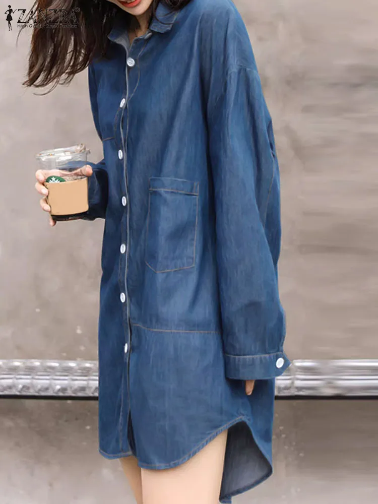 ZANZEA Oversized Women Denim Long Shirt Fashion Lapel Pockets Top 2024 Summer Casual Streetwear Tunic Vinatge Long Sleeve Blouse