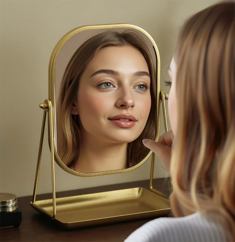 Metal Makeup Mirror with Storage Shelf - HD Desktop Vanity Mirror with Organizer Tray for Cosmetics & Jewelry