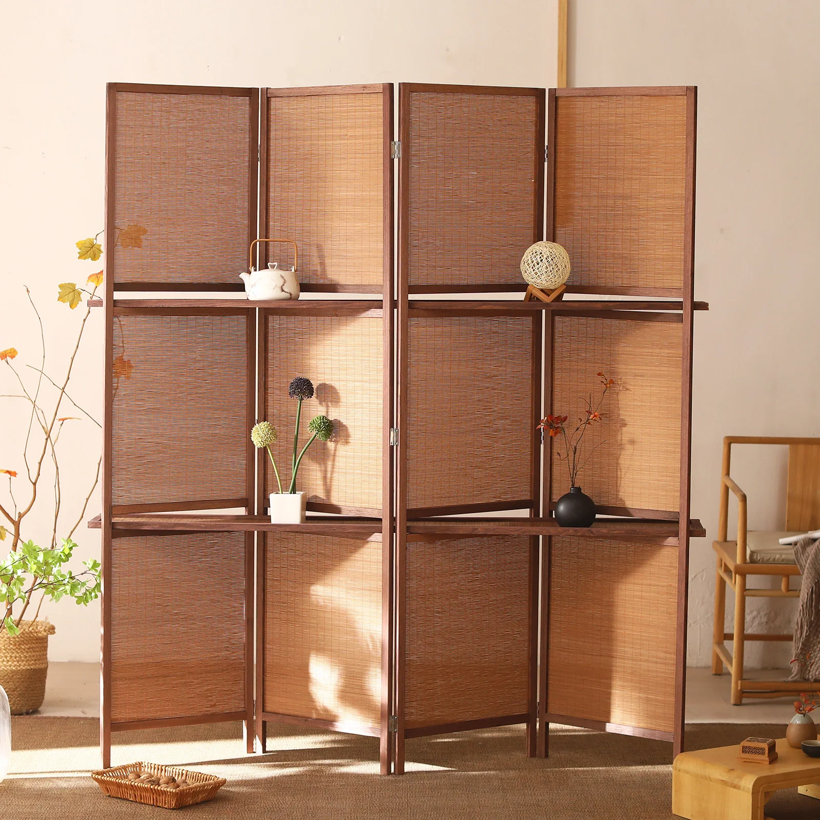 Shelvable screen partition living room simple modern hotel office bamboo wood mobile folding screen partition wall solid wood