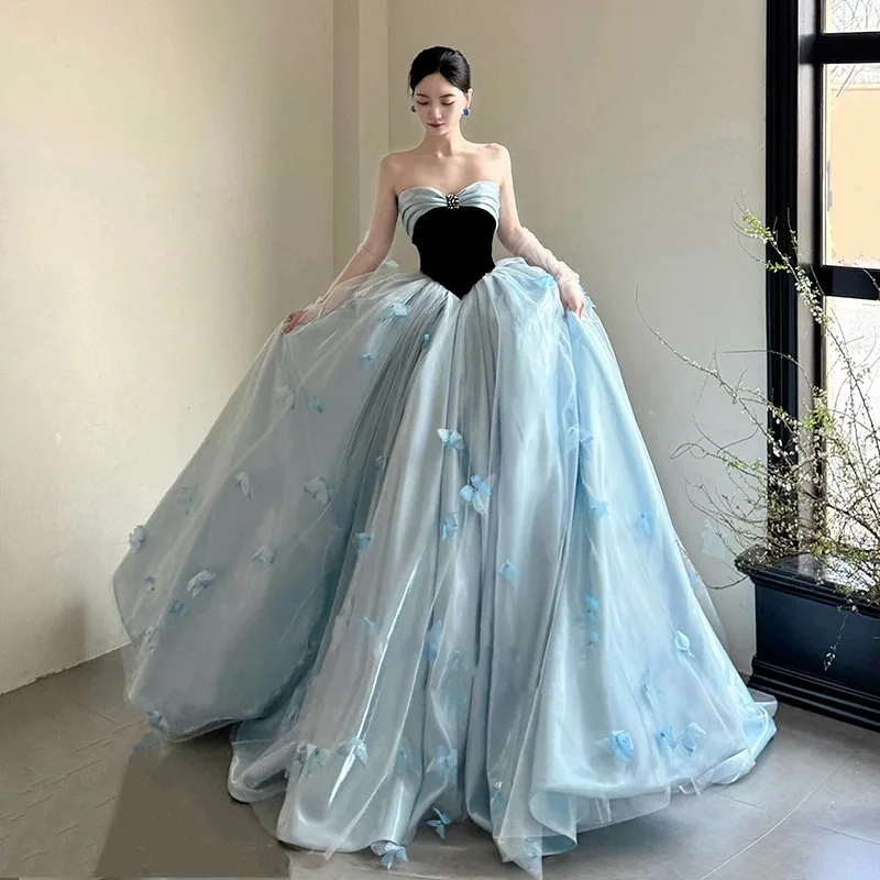 

Вечернее платье Princ Sle с длинной юбкой на бретелях для взрослых: для церемоний, дней рождения, выступлений, синее, с цветочным узором