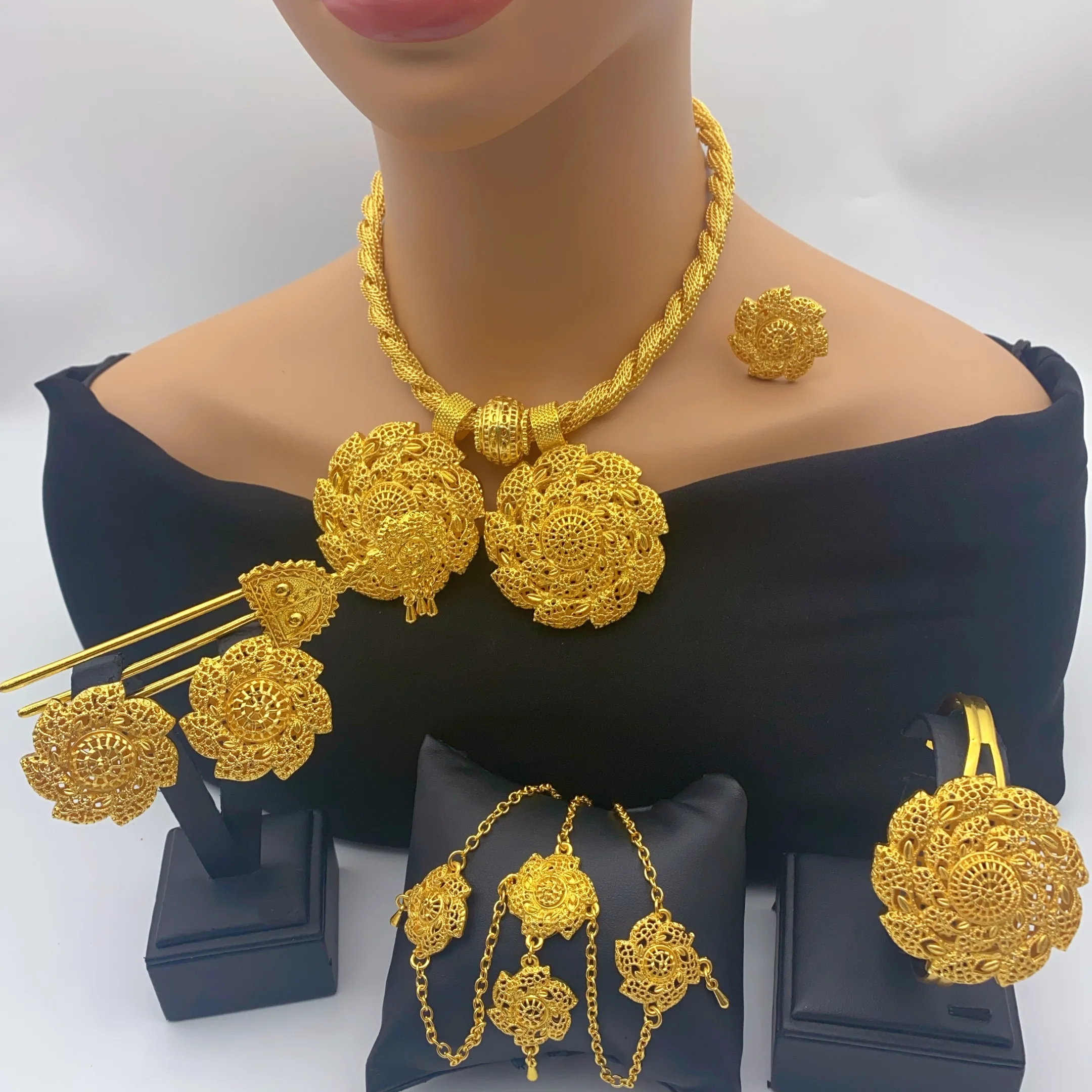 Ethiopian Flower Shape Gold Plated Twisted Necklace Jewelry Sets For Women Dubai Nigerian Luxury 6pcs Wedding Party Gifts