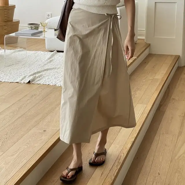 

Elegant Women's Skirt Spring Korean Chic Long Skirts for Women Fashion 2025 Lady Solid Color Khaki High Waist A-line Skirt Women