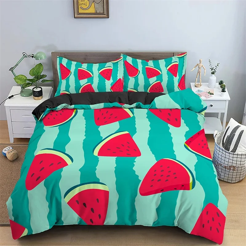 Red Watermelon Duvet Cover Watermelon Peel Summer Fruit Slices Patterned Teens Children Green Polyester Quilt Cover Decorations