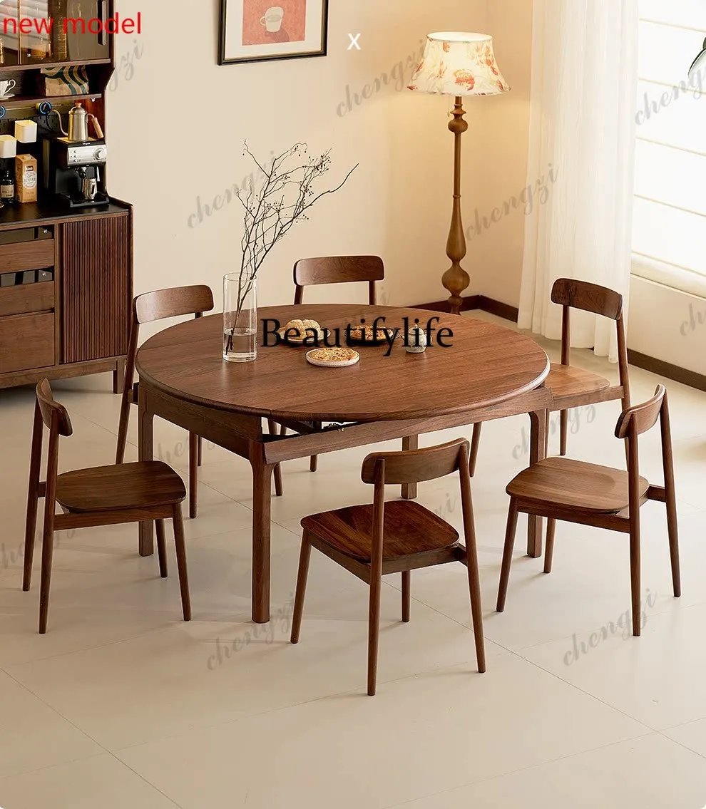 DD182Solid wood retractable round table Nordic folding dining table Modern simple household dining table and chair combination