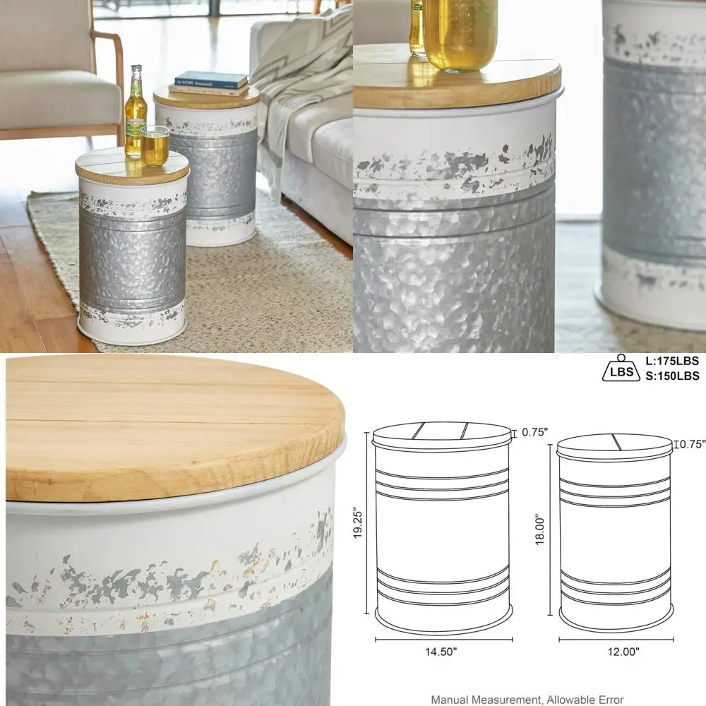 Mesas de nidificação de metal estilo fazenda, mesa de centro redonda Duo com armazenamento para sala de estar