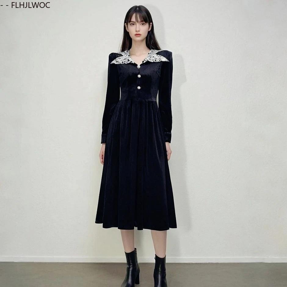 

Black Velvet Long Dresses Fashion Woman Autumn Winter Patchwork White Collar Beaded Bling Peter Pan Collar Retro Vintage Dress