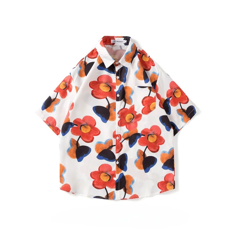 Summer Men's Retro Hawaiian Vacation Travel Short Sleeve Floral Shirt Casual Loose Fit Handsome Beach Half Sleeve Printed Shirt