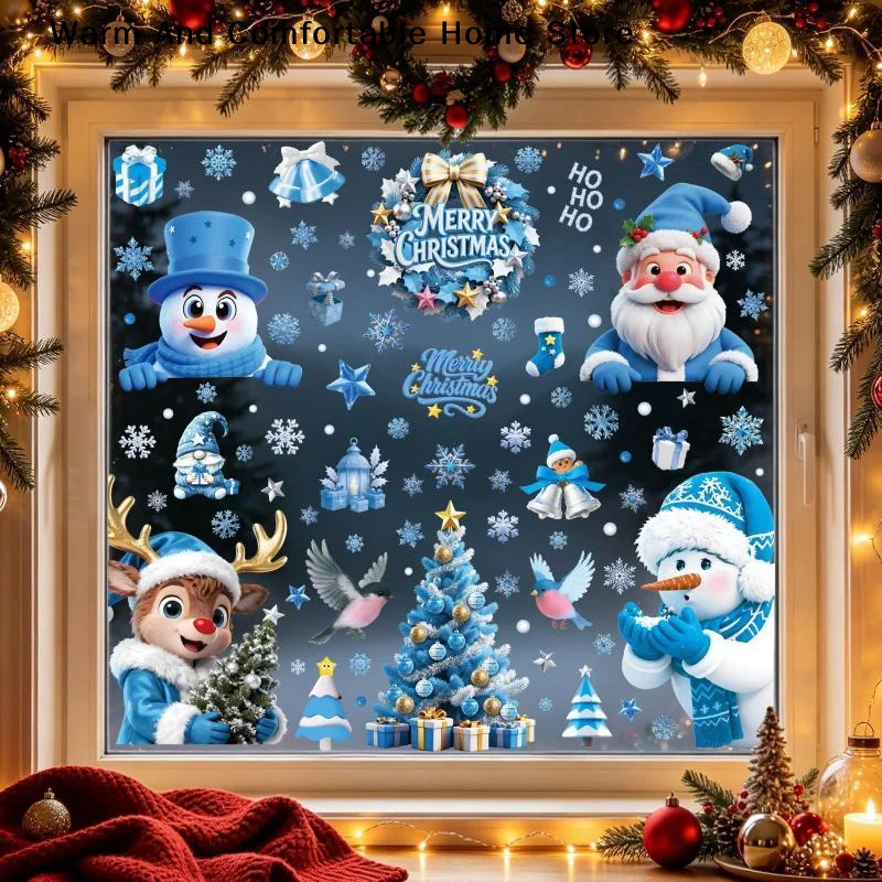 【W】Creative Christmas Snowflake Snowman Glass Sticker Blue Crystal Ball Santa Claus Static Cling Window Decoration