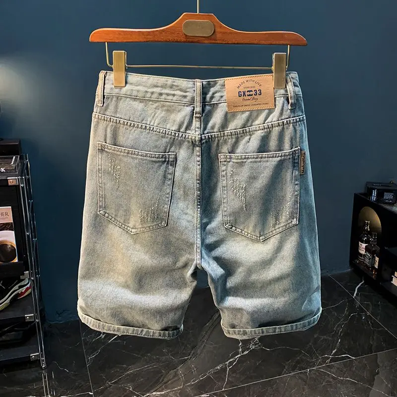 Fashion Ripped Denim Shorts Designer Clothes Man Men's 2025 Summer New Loose Straight Design Feeling Washed Bermudas Pants