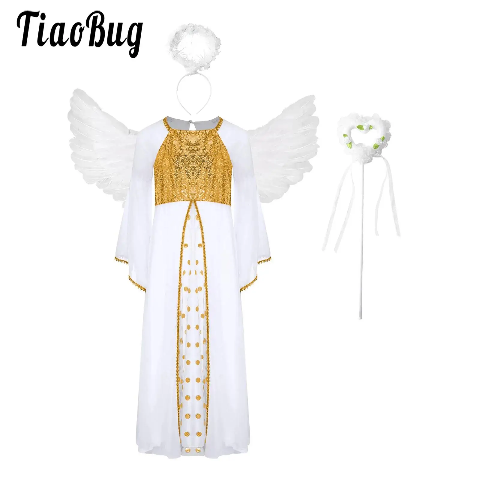 

Kids Girls Angel Dress Up Costume Set Sequins Robe Flare Sleeve Long Dress Feather Headband And Fairy Sticks Feather Angel Wings