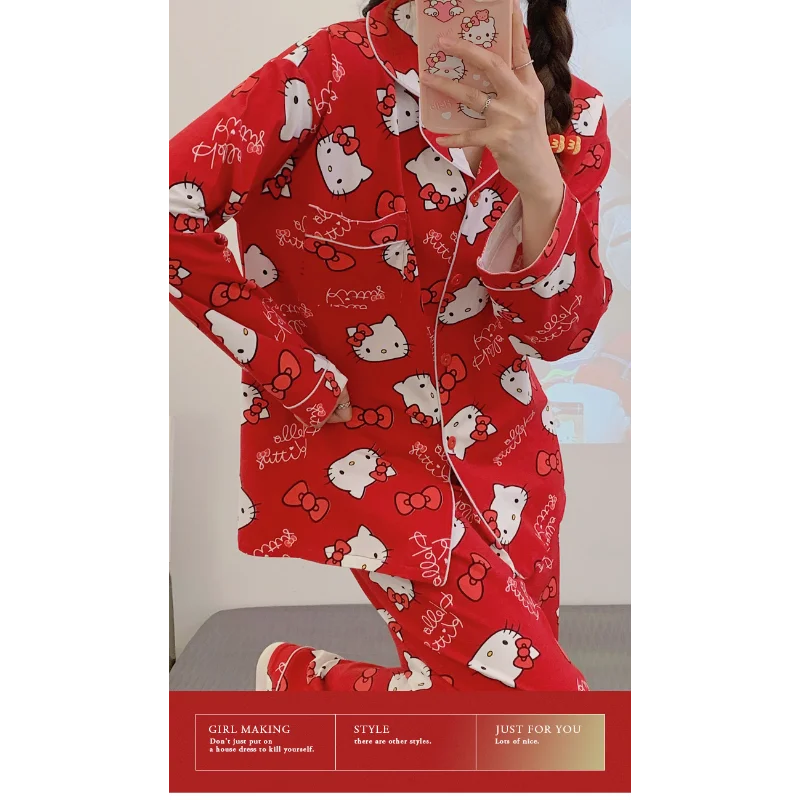 Sanrio cartoon animation Hello Kitty pajamas women, the new comfortable loose sweet red KT can wear home clothes suit