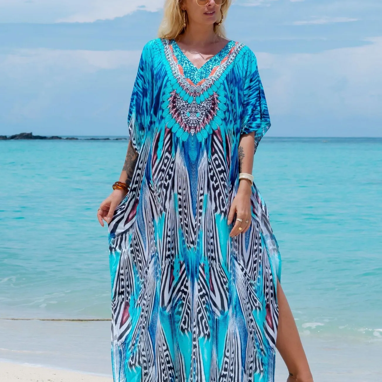 Capa de praia boho feminina, malha de mão aconchegante, decote V, manga de taco, vestido de praia kaftan, verão, 2024