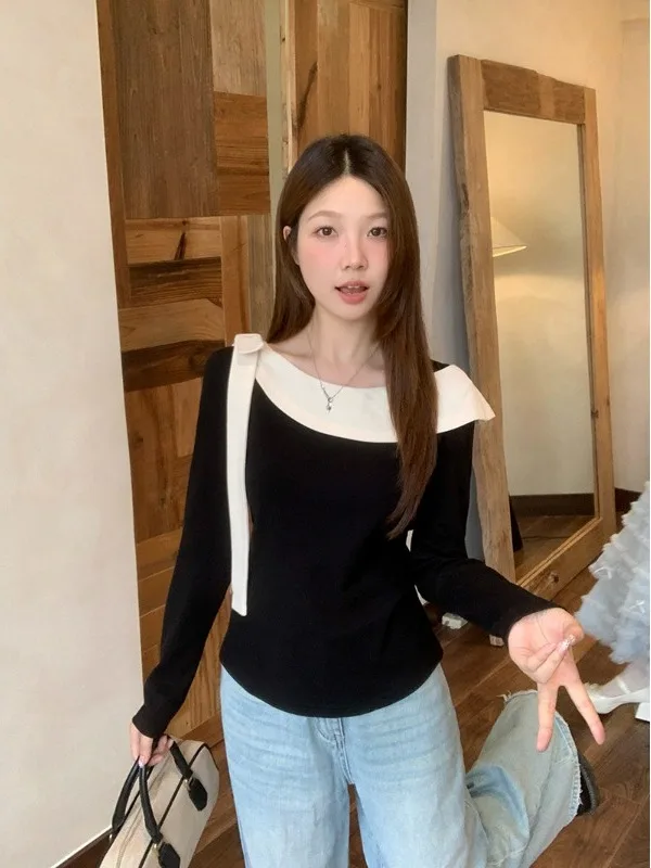 T-shirt a maniche lunghe con fiocco rosso con colletto arricciato chic francese per top taglie forti da donna abbigliamento casual da donna da ufficio autunnale