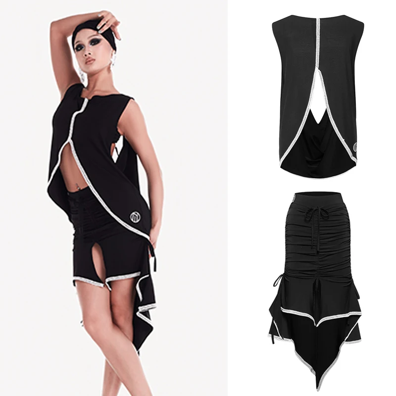 

Fashion Adults Latin Dance Clothing Sexy Cutout Top Drawstring Skirt Women'S Latin Dance Competition Costume Suits SL12797