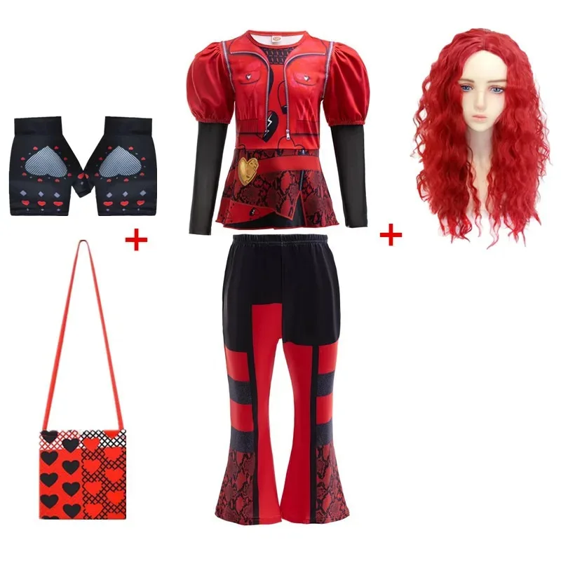 Movie D-Descendants 4 Red Costume for Kids Girls The Rise of Red Cosplay Evie Clothes Fantasia Halloween Fancy Costume Wig Set