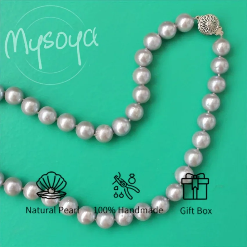

MYSOYA 10-13 мм серое ожерелье из пресноводного жемчуга, большой натуральный настоящий жемчуг, подарочная коробка, идеальный подарок на свадьбу, день рождения, Рождество