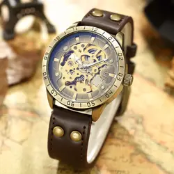 Top Watches Men Retro Bronze Case Wristwatch Male Automatic Mechanical Skeleton Watch Leather Sport Watch Relogio Masculino