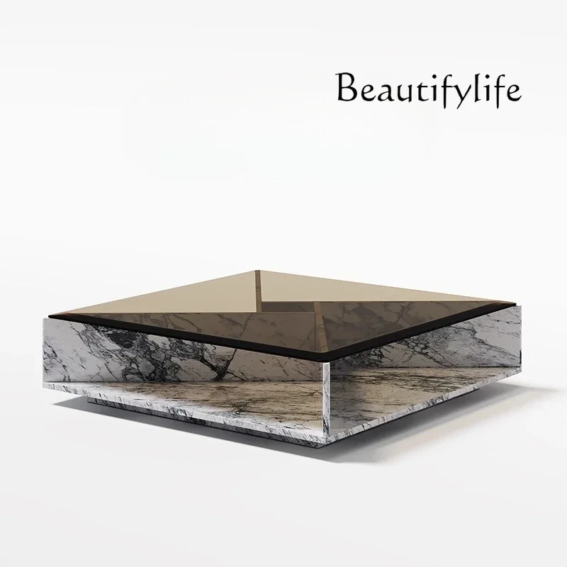 A Square Natural Marble Coffee Table Square Tempered Glass Small Apartment Household Suspension Minimalist Light Luxury