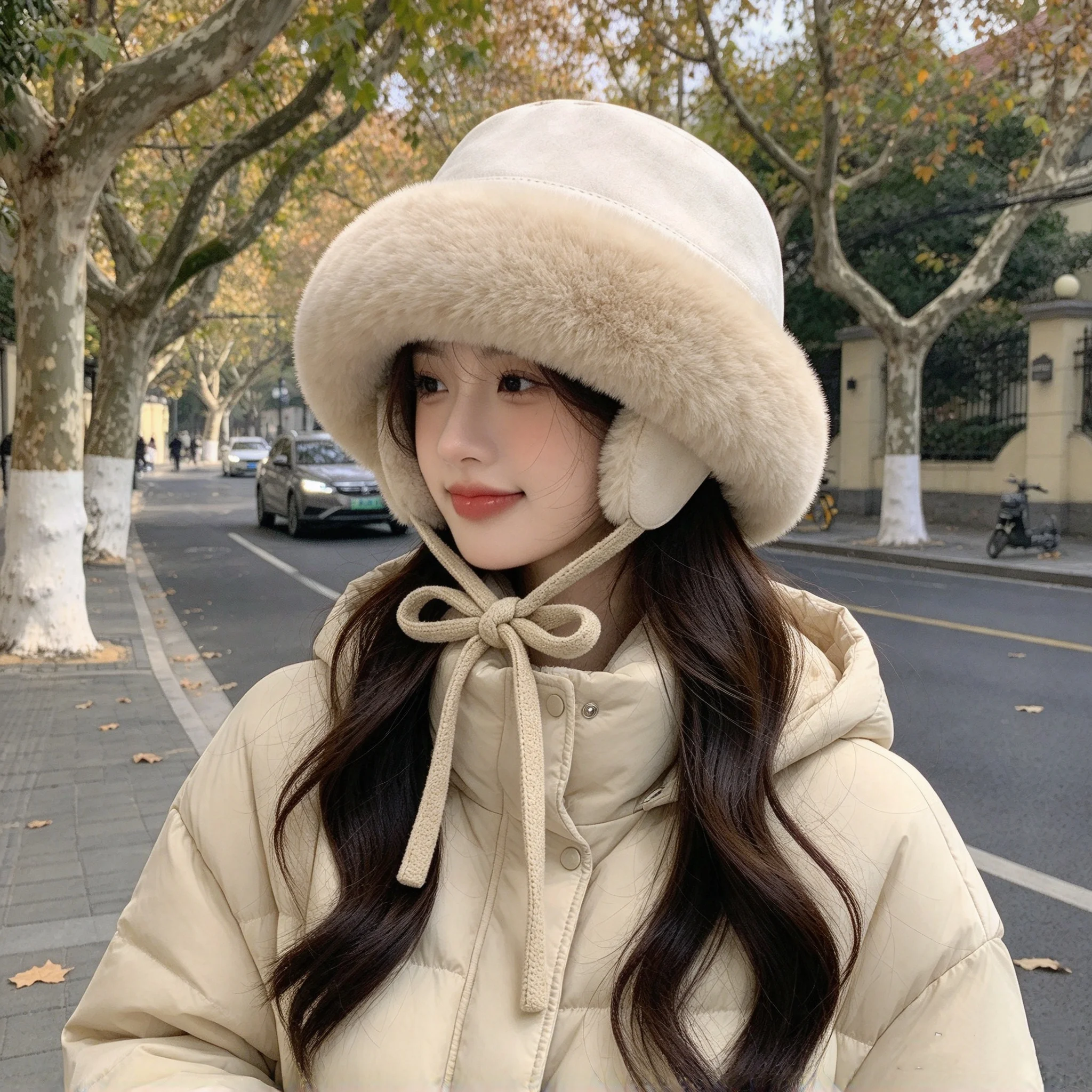 Vintage Suede Fur-Trimmed Women's Earflap Hat with Bow-Tie Drawstring for Wind Protection, Suitable for Winter Shopping, Walking, Outdoor Activities, Cold Protection, and Warmth-Retaining Fisherman's Hat