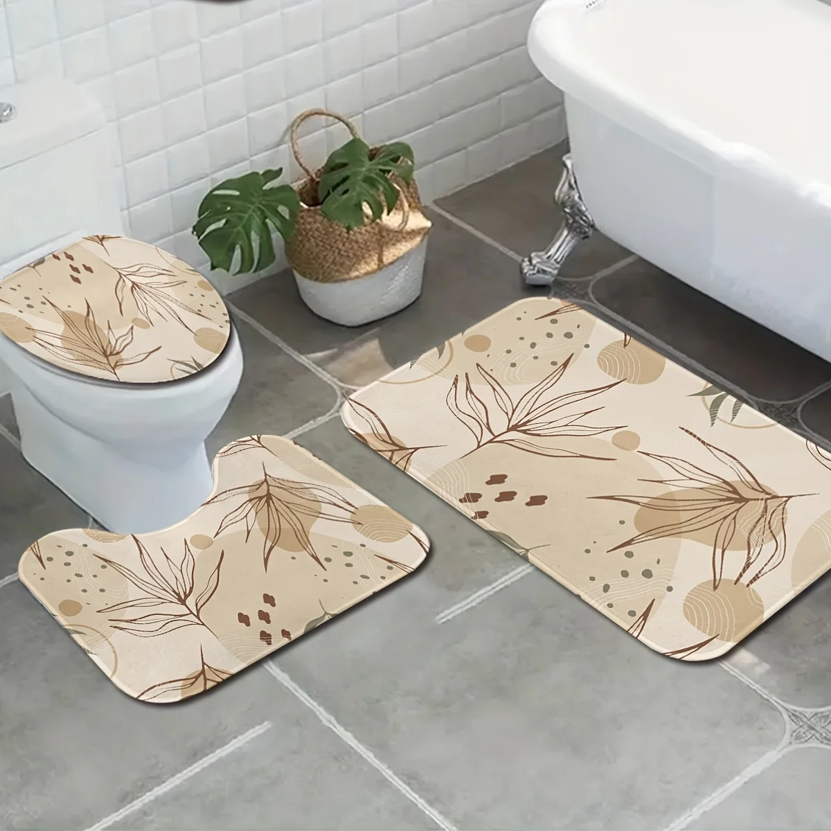 

Набор для ванной комнаты Autumn Leaf из 3 предметов – бежевый осенний узор, нескользящее покрытие для унитаза и напольный коврик, полиэстеровый декор для ванной комнаты для сезонного использования в доме.