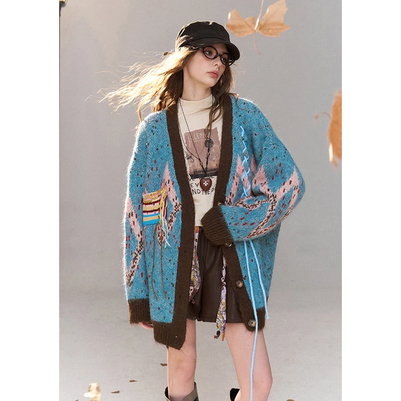 ELFSACK Women's V-Neck Knit Cardigan with Geometric Pattern & Lace-Up Detail, Loose Colorblock Outerwear for Daily Wear