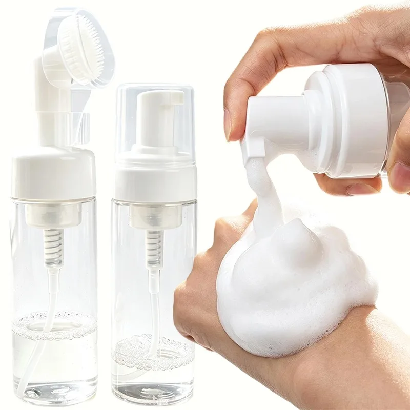 30/50/150ml Travel Foaming Dispenser Bottle PET Plastic with Silicone Brush Head Pump for Face Wash Shampoo Body Soap Refillable
