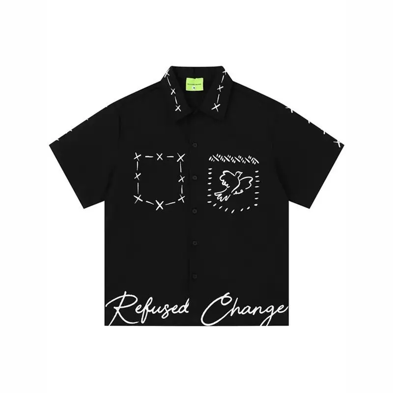 Retro Japanese Style Graffiti Print Short Sleeve Shirt Top Chic Artistic Summer Casual Button-Down with Sketch Design