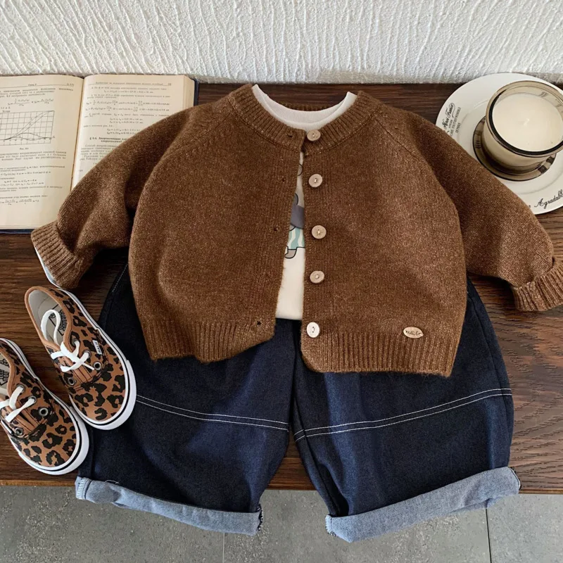 2025 Autumn Winter Wool Brown Warm Children Kid Sweater Boys Girls Knitt Cardigan Jumper Bottom Jacket Coat 3-10 Years Outfit